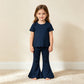 NEW RTS NO MOQ cotton GSPO2343（GT1773+P1081）Baby Girls Navy Short Sleeve Shirts Top Flare Pant Scallop Sets