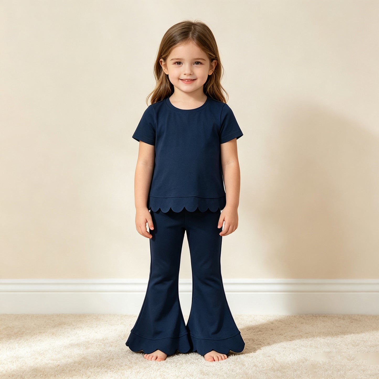 NEW RTS NO MOQ cotton GSPO2343（GT1773+P1081）Baby Girls Navy Short Sleeve Shirts Top Flare Pant Scallop Sets