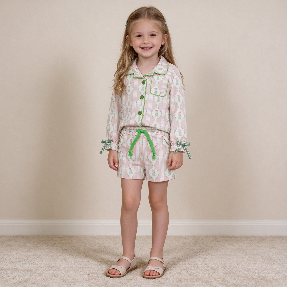 NEW RTS NO MOQ milk silk GLS0171 Baby Girls Pink Bows Trees Button Pocket Top Short Christmas Pajamas Sets