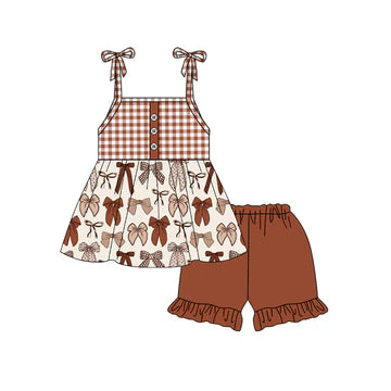 5.8 suspenders plaid bow suit