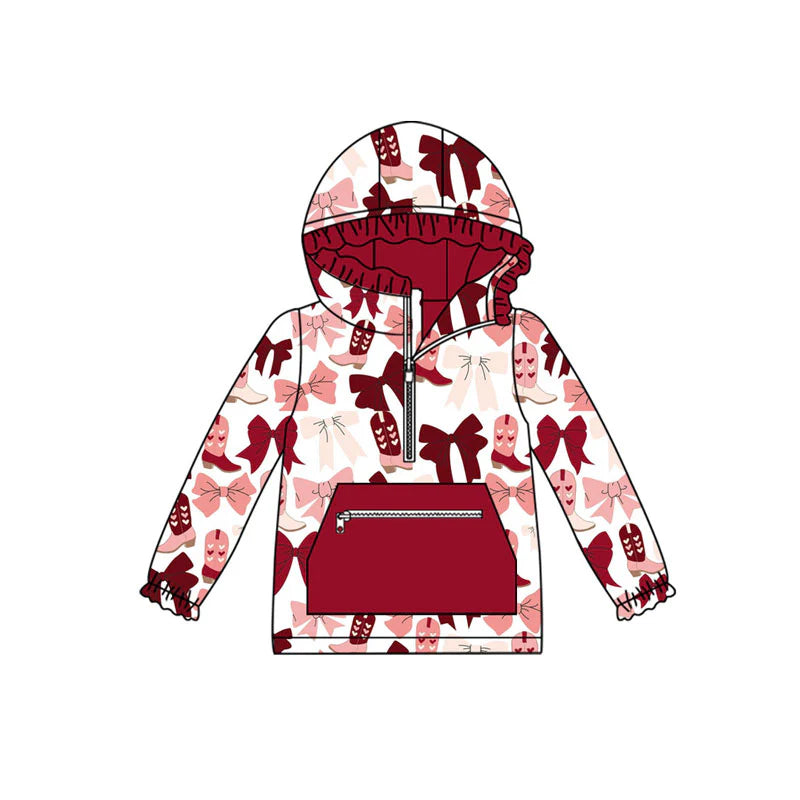 X909Preorder (moq 5)Baby Girls Red Pink Bows Boots Pockets Zipper Valentine Ruffle Hoodies Top