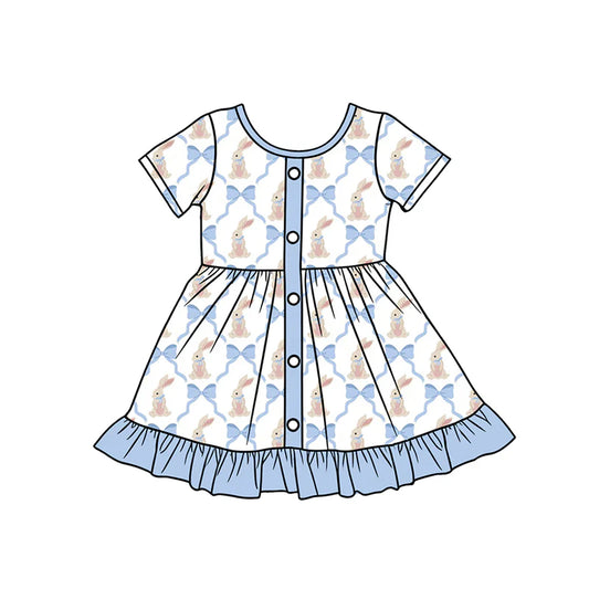 X12.17Preorder (moq 5)Baby Girls Blue Bows Rabbits Checked Button Easter Ruffle Knee Length Dress