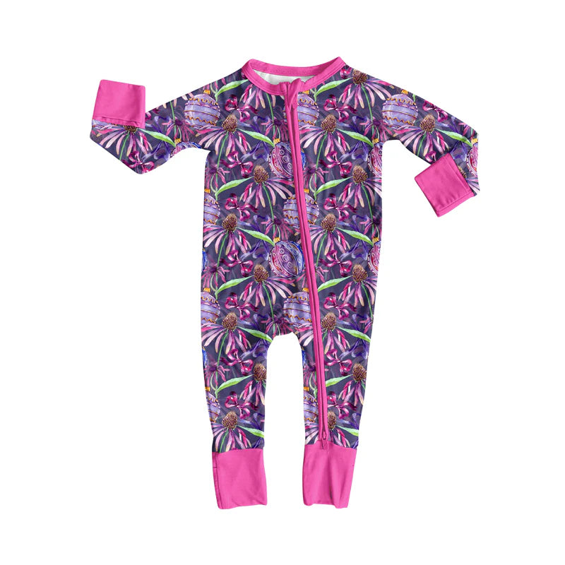 8.9PPreorder(moq 5)Baby Infant Boys Hot Pink Flowers Bows Halloween Zipper Rompers