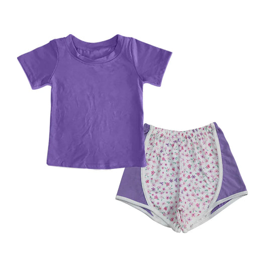7.30Preorder(moq 5) Baby Girls Purple Short Sleeves Shirts Top Floral Shorts Set