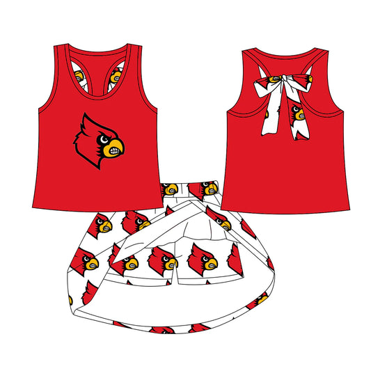 7.29Preorder (moq 5)Baby Girls Red Bird bow vest team Top Skirt Skort Sets
