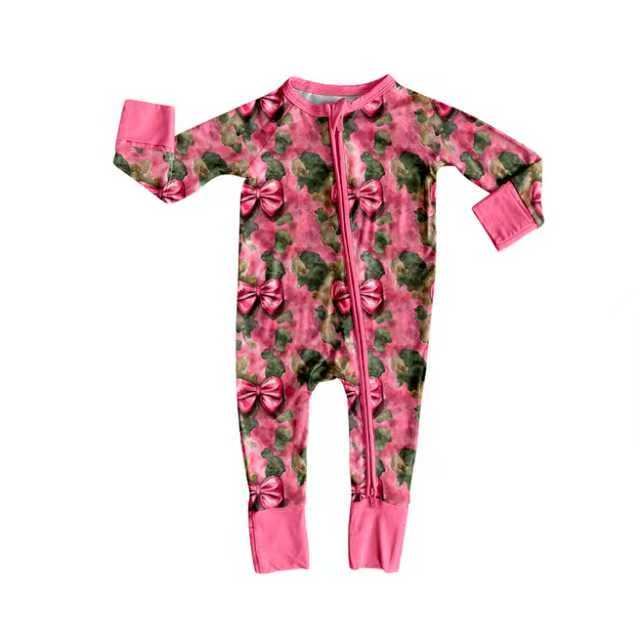 X904Preorder(moq 5)Baby Girls Green Pink Camo Bows Western Footie Rompers