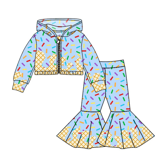 8.4Preorder (moq 5)Baby Girls Blue Long Sleeves Drip Zipper Jacket Top Bell Bottom Pant Team Clothes Sets