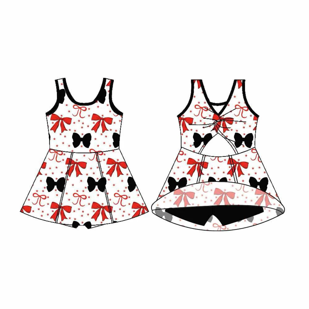 7.21Preorder (moq 5)Baby Girls Sleeveless Red Black Bows Shorts Team Knee Length Dresses