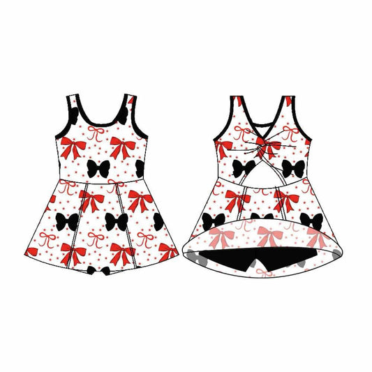 7.21Preorder (moq 5)Baby Girls Sleeveless Red Black Bows Shorts Team Knee Length Dresses