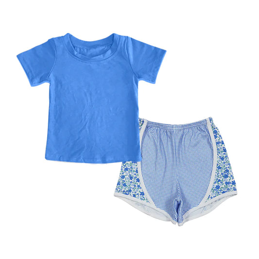 7.30Preorder(moq 5) Baby Girls Short Sleeves Shirts Top Blue Plaid Floral Shorts Set