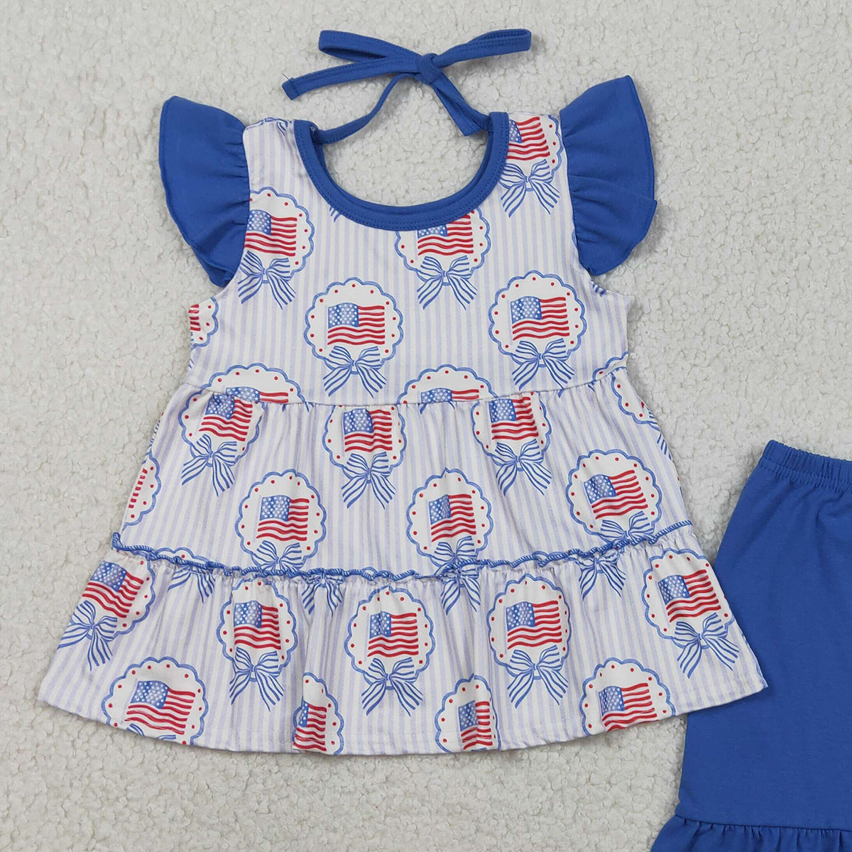 3.28 GSSO3296 Baby Girls Blue Stripe Bows Flags Tunic Ruffle Short 4th of July Clothes Sets