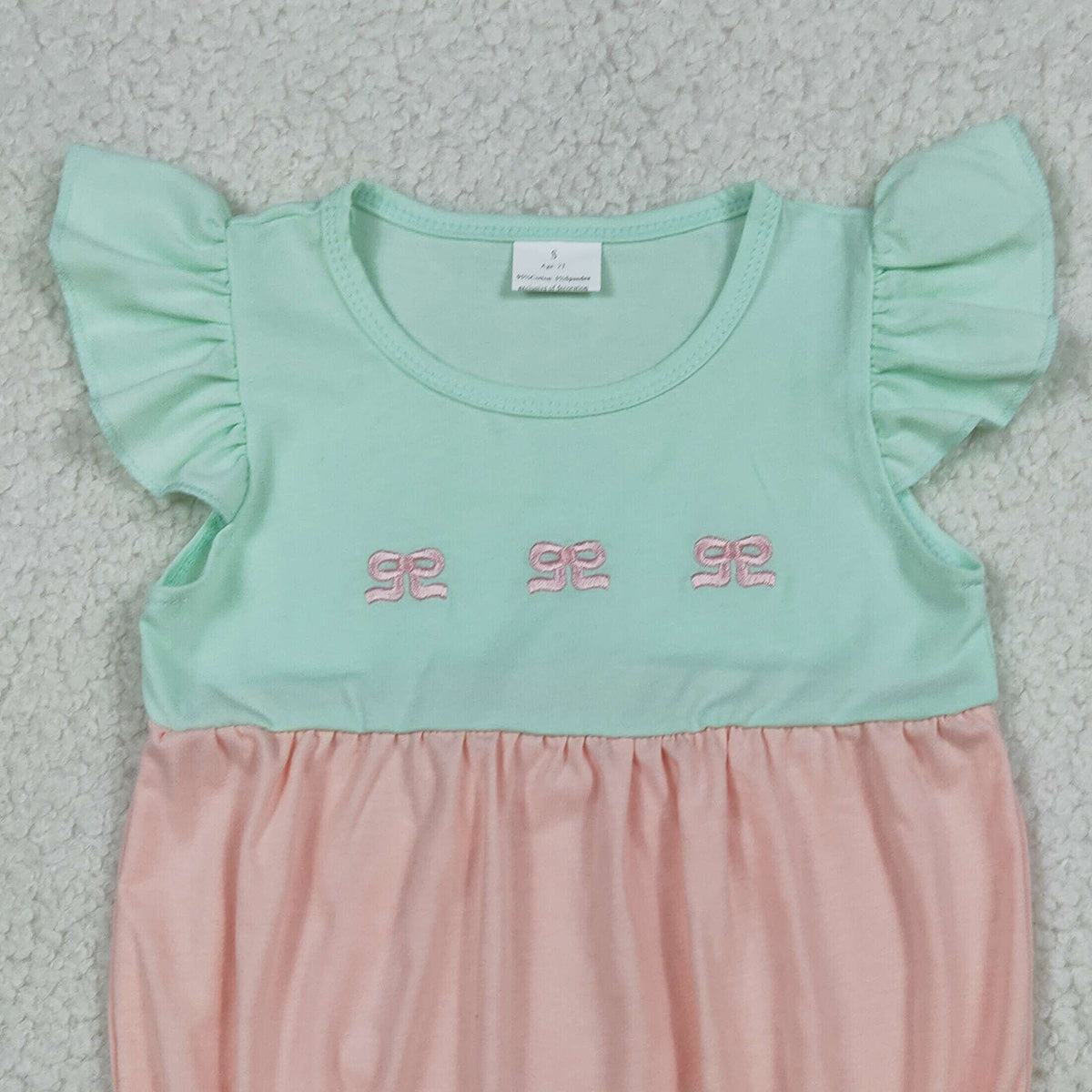 SR3895 Embroidery Bows Baby Girls Flutter Sleeve Patchwork Ruffle Rompers