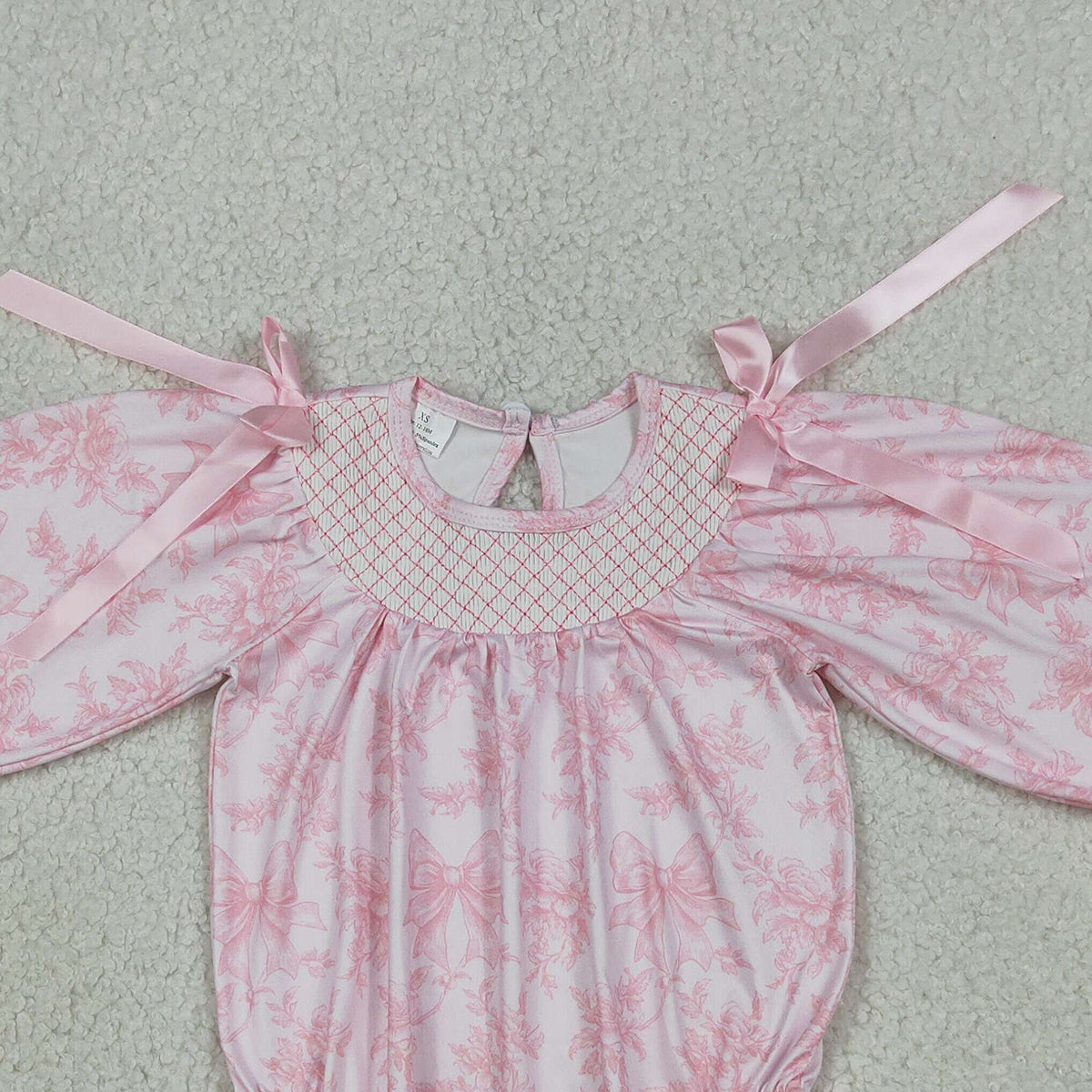 LR2932 Smocked Checked Baby Girls Flowers Bows Long Sleeve Ruffle Rompers