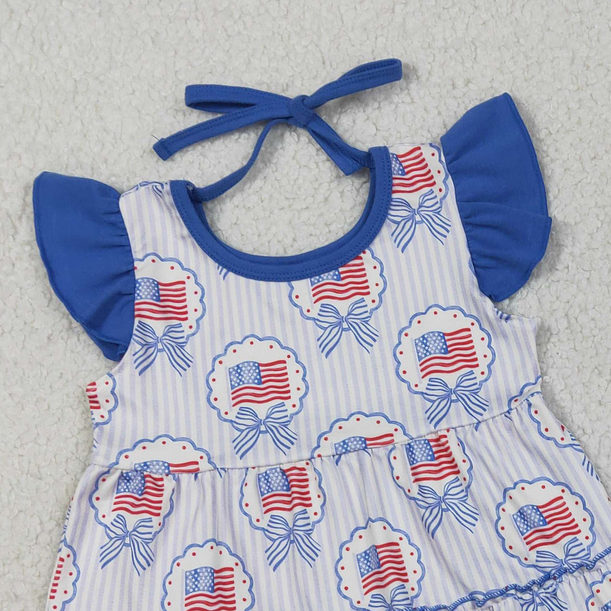 3.28 GSSO3296 Baby Girls Blue Stripe Bows Flags Tunic Ruffle Short 4th of July Clothes Sets
