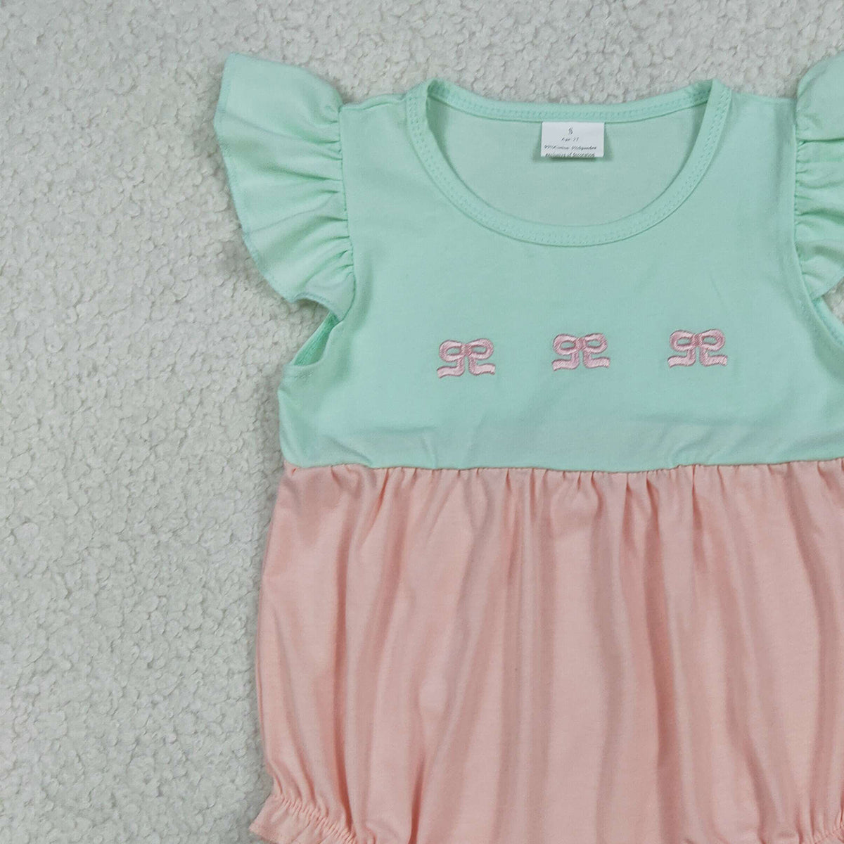SR3895 Embroidery Bows Baby Girls Flutter Sleeve Patchwork Ruffle Rompers