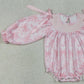 LR2932 Smocked Checked Baby Girls Flowers Bows Long Sleeve Ruffle Rompers