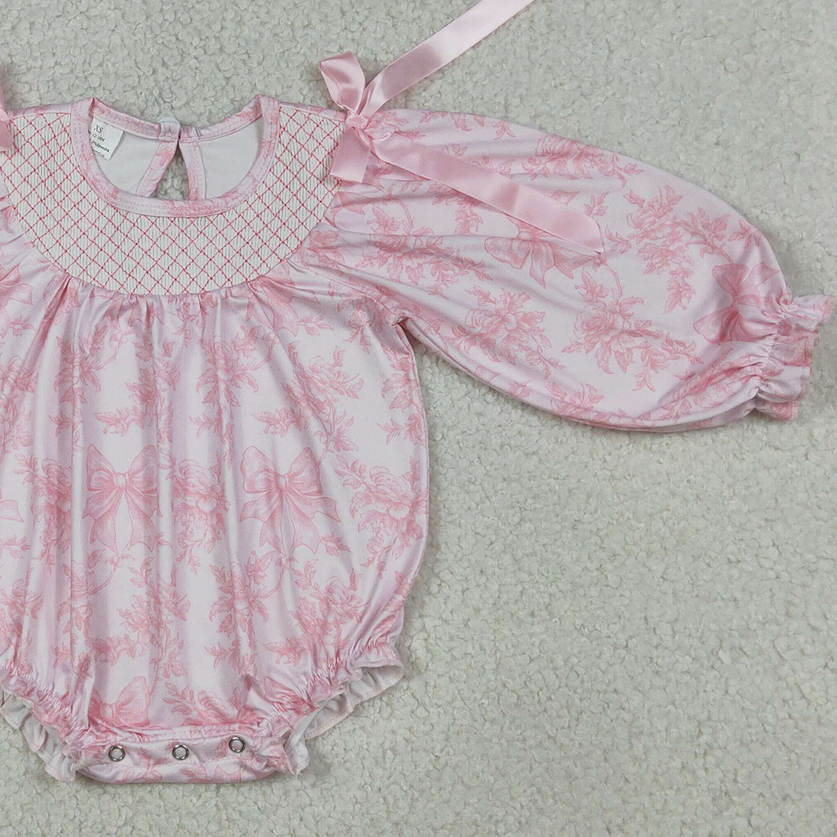 LR2932 Smocked Checked Baby Girls Flowers Bows Long Sleeve Ruffle Rompers