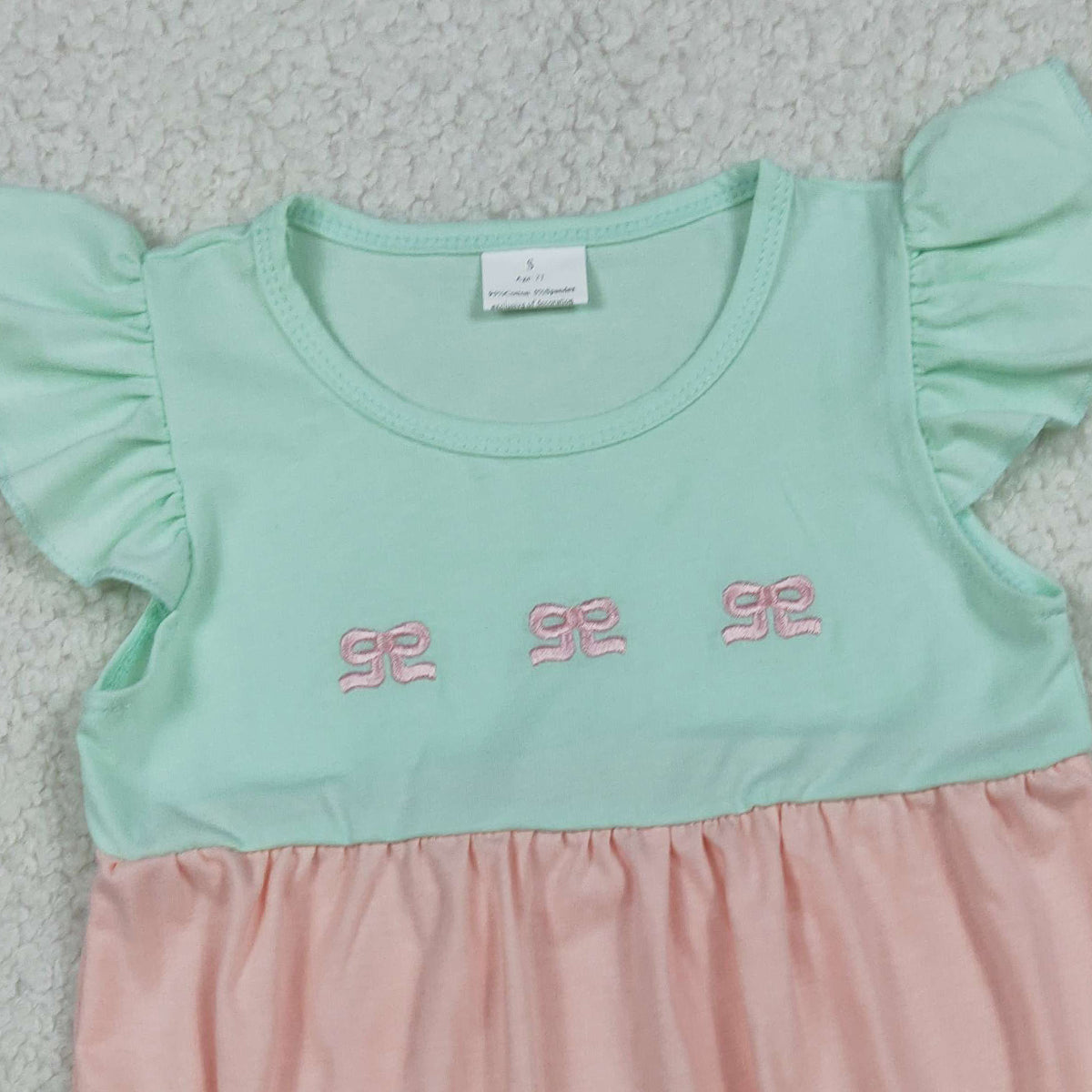 SR3895 Embroidery Bows Baby Girls Flutter Sleeve Patchwork Ruffle Rompers