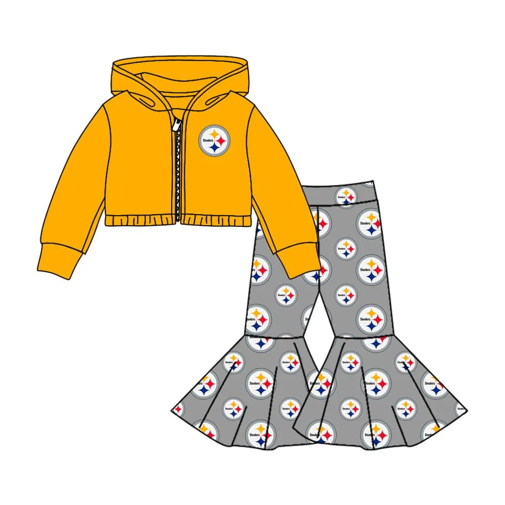 7.1preorder(moq 5) Baby Girls Steelers Team Hooded Top Bell Pants Clothes Sets