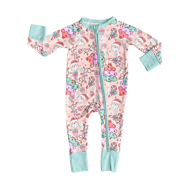 8.1Preorder(moq 5)Baby Girls Santa Bows Candy Cane Zipper Pant Rompers