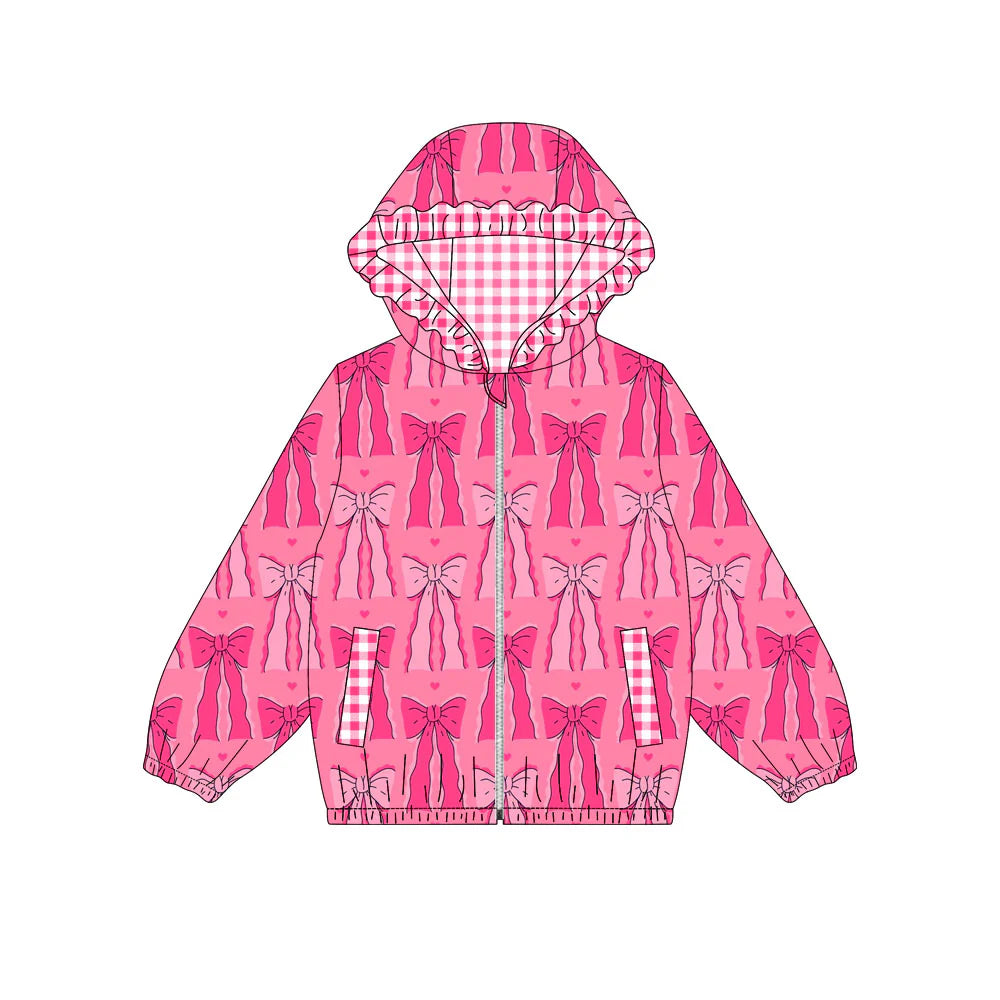 X908Preorder (moq 5)Baby Girls Hot Pink Bows Pockets Zipper Valentine Ruffle Hoodies Top