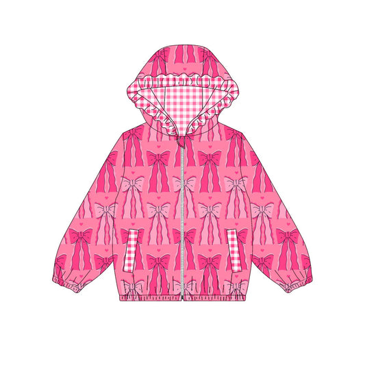 X908Preorder (moq 5)Baby Girls Hot Pink Bows Pockets Zipper Valentine Ruffle Hoodies Top