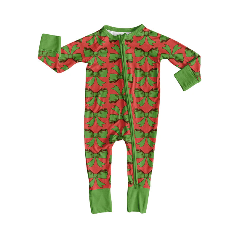 8.4Preorder(moq 5)Baby Infant Boys Green Bows Plaid Christmas Zipper Rompers