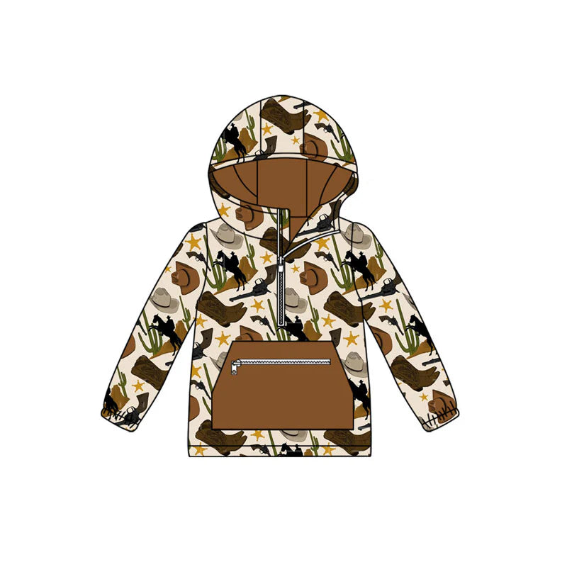X101Preorder (moq 5)Baby Boys Hats Horse Rodeos Pocket Zipper Western Hoodies Top