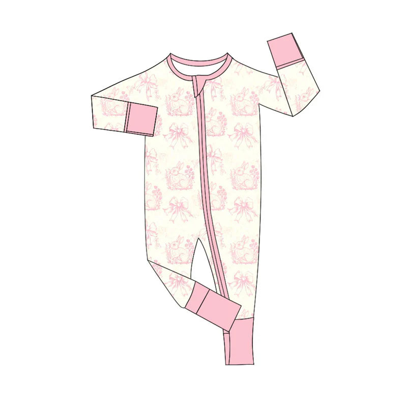 X924Preorder (moq 5)Baby Girls Pink Flowers Rabbits Easter Zipper Footie Rompers