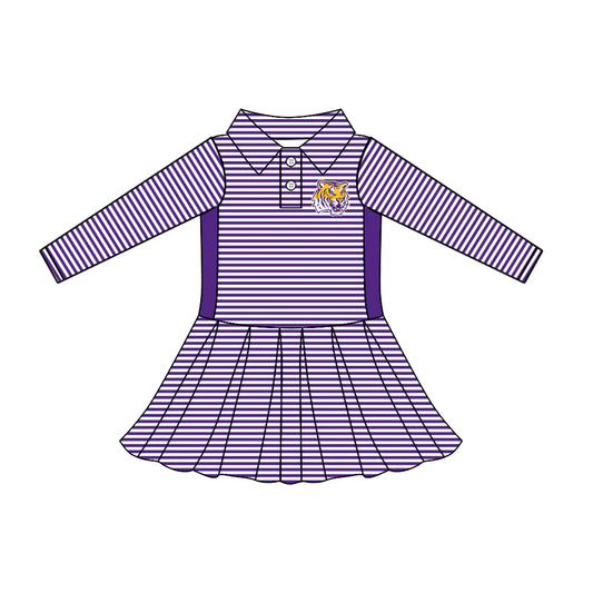 7.30Preorder (moq 5)Baby Girls Long Sleeve Stripe Button LSU Tiger Team Knee Length Dresses