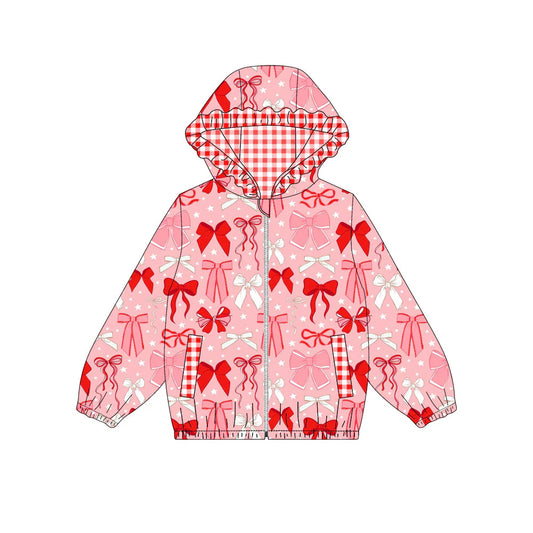 X908Preorder (moq 5)Baby Girls Pink Bows Stars Pockets Zipper Valentine Ruffle Hoodies Top