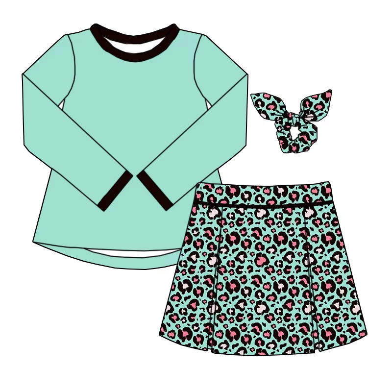 6.10 Solid color top blue leopard print skirt and pants suit