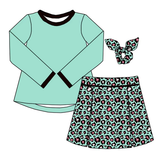 6.10 Solid color top blue leopard print skirt and pants suit