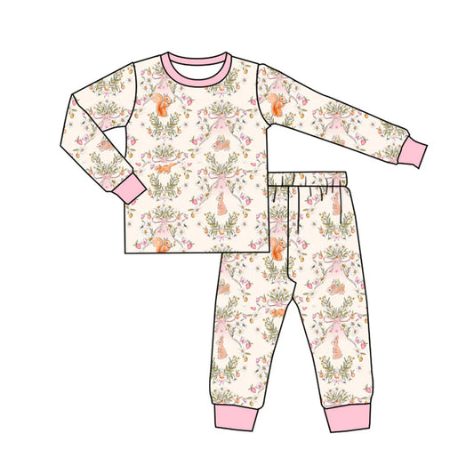 X924Preorder (moq 5)Baby Girls Flowers Rabbits Squirrels Top Pants Easter Pajamas Sets
