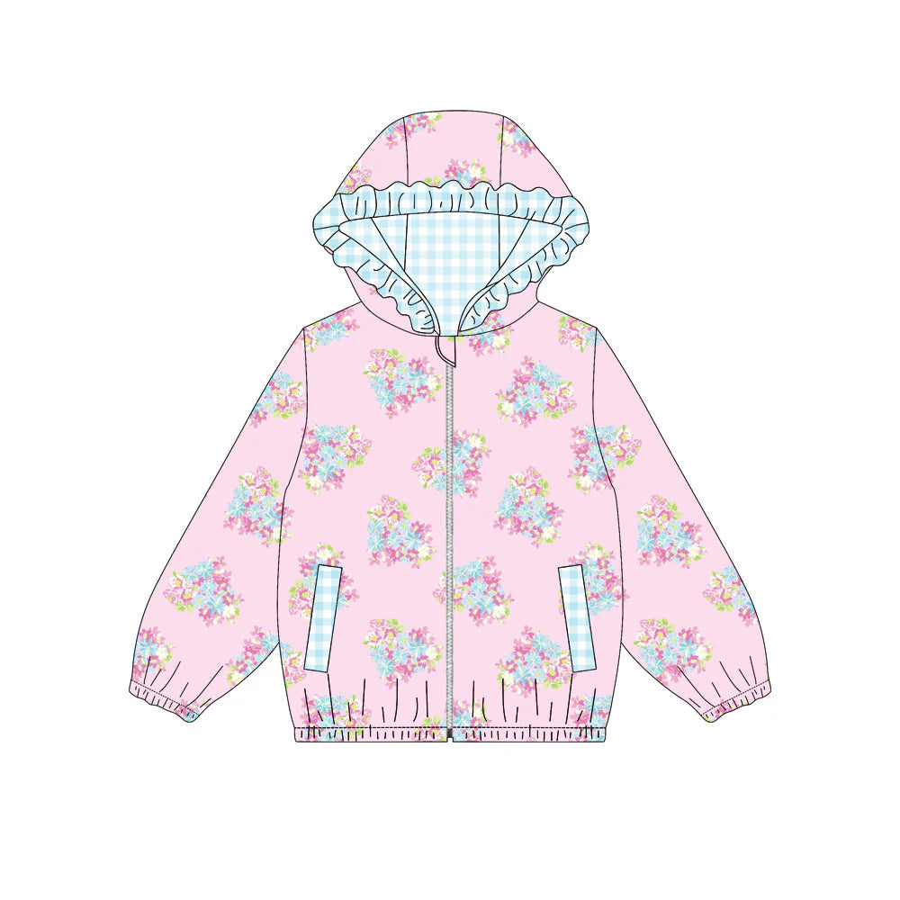 X908Preorder (moq 5)Baby Girls Hearts Flowers Pockets Zipper Valentine Ruffle Hoodies Top