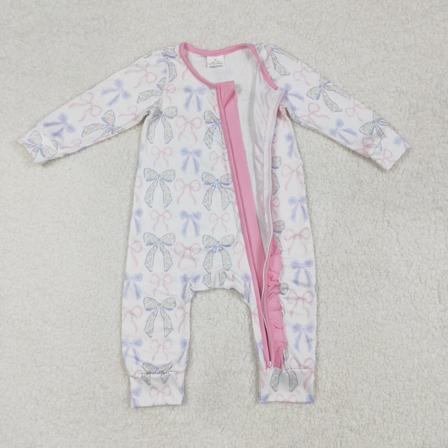 LR2158 Powder blue bow pattern lace zipper long sleeve jumpsuit