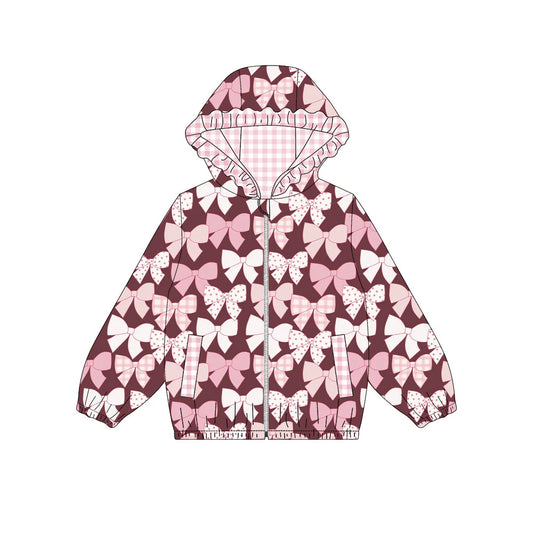 X908Preorder (moq 5)Baby Girls Pink Bows Pockets Zipper Valentine Ruffle Hoodies Top