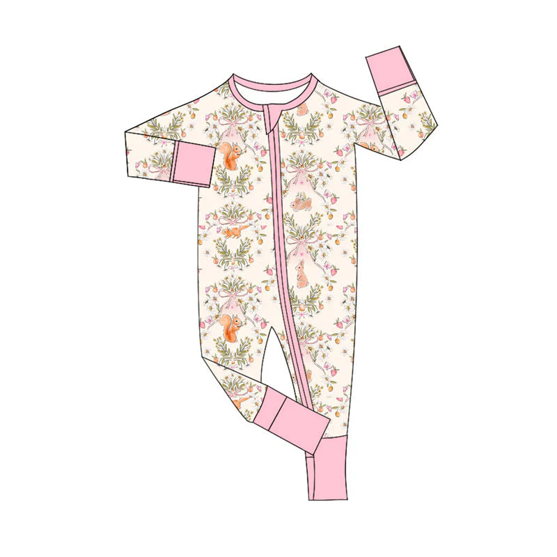 X923Preorder (moq 5)Baby Girls Flowers Rabbits Squirrels Easter Zipper Footie Rompers