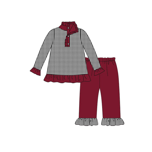 8.9preorder(moq 5) Baby Girls Fall Football Team Black Checkered Pullover Top Wine Pants Clothing Sets