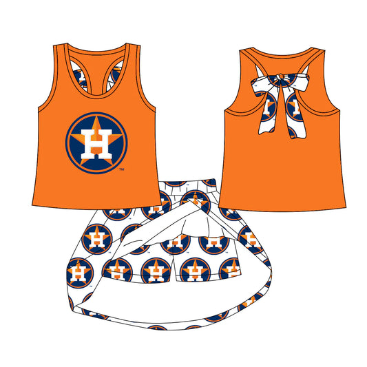 7.29Preorder (moq 5)Baby Girls Huston bow vest team Top Skirt Skort Sets