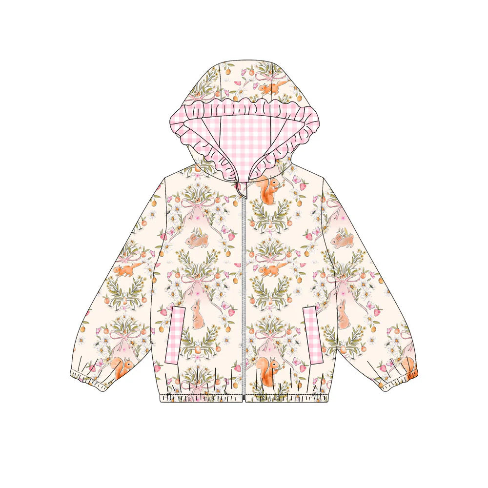 X923Preorder (moq 5)Baby Girls Flowers Rabbits Squirrels Pockets Zipper Easter Ruffle Hoodies Jackets Top