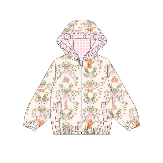 X923Preorder (moq 5)Baby Girls Flowers Rabbits Squirrels Pockets Zipper Easter Ruffle Hoodies Jackets Top