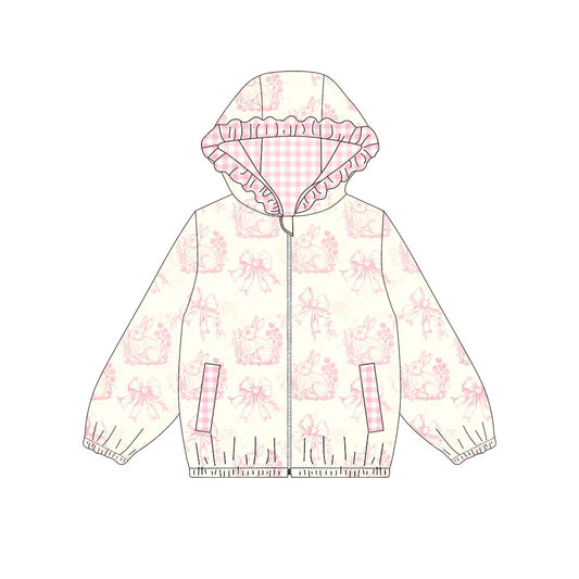 X923Preorder (moq 5)Baby Girls Pink Flowers Rabbits Pockets Zipper Easter Ruffle Hoodies Jackets Top