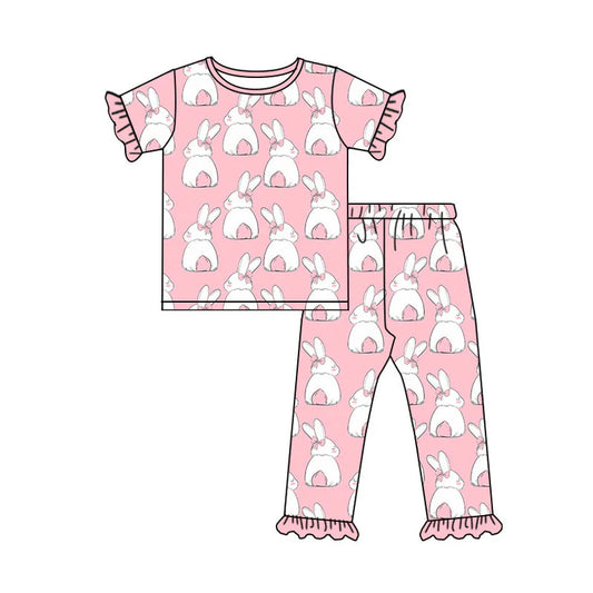 X919 Preorder (moq 5)Baby Girls Pink Rabbits Top Ruffle Pants Easter Pajamas Sets