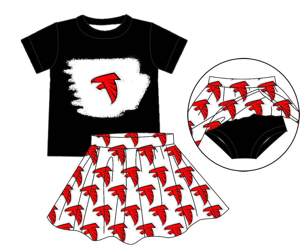 6.28Preorder (moq 5)Baby Girls Black Red Bird Top Bummie Skorts Team Sets