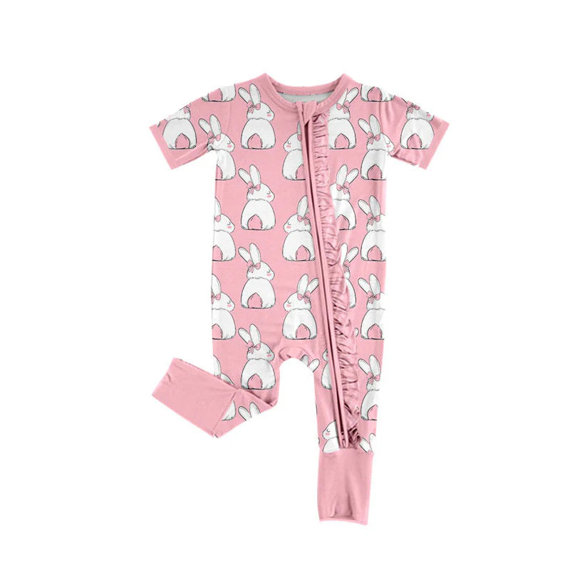 X919 Preorder (moq 5)Baby Girls Pink Rabbits Easter Ruffle Zipper Footie Rompers
