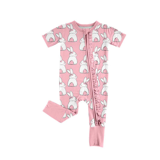 X919 Preorder (moq 5)Baby Girls Pink Rabbits Easter Ruffle Zipper Footie Rompers