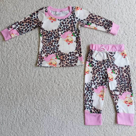 6 A4-26 Santa Claus leopard print long sleeves and long pants pink pajamas set