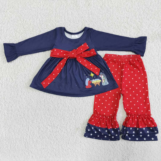 6 B1-2 Girls Blue navy Jesus top and red polka dot trousers set