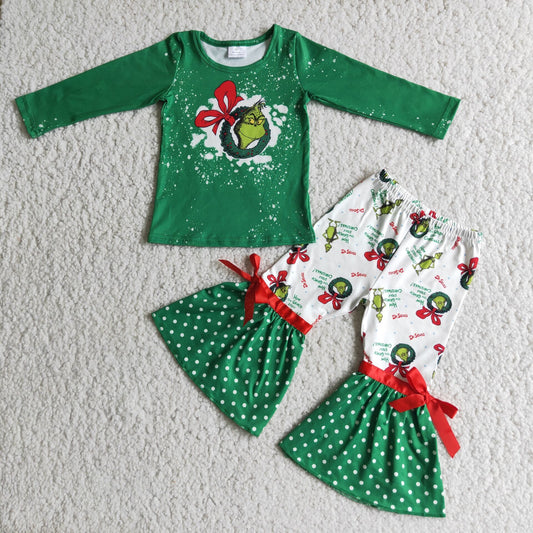 6 C6-20 grinch green long-sleeved top with polka dot flared pants set